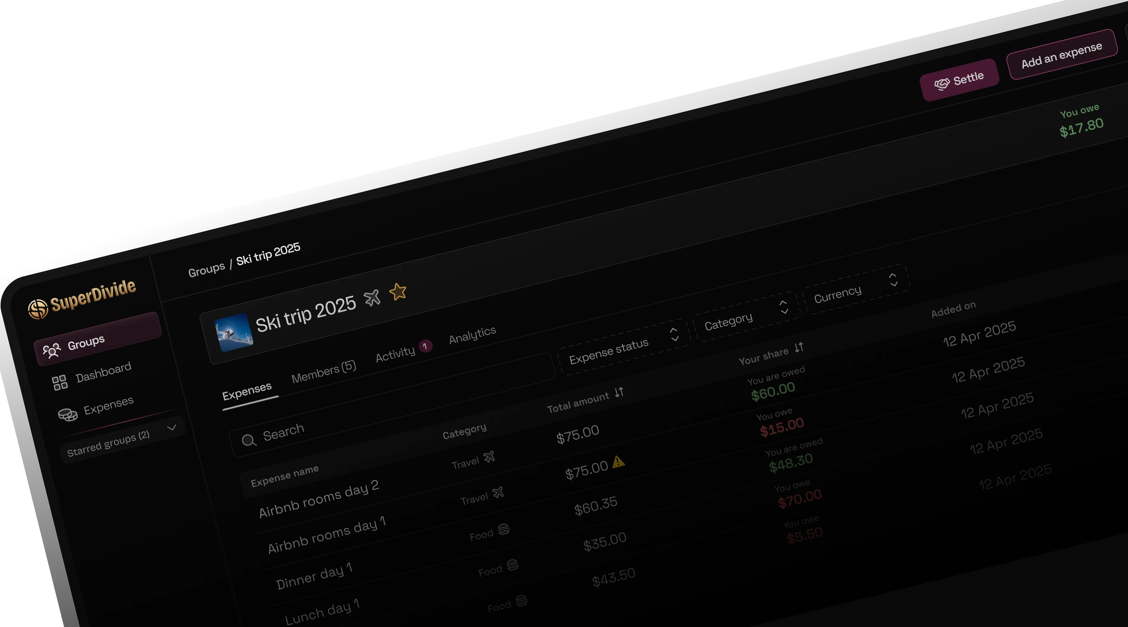 Superdivide shared expense product interface
